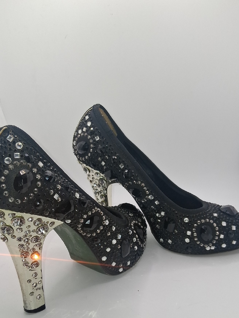 Go Girl Black Crystal-Embellished High Heel Pumps with Jeweled Silver Heel